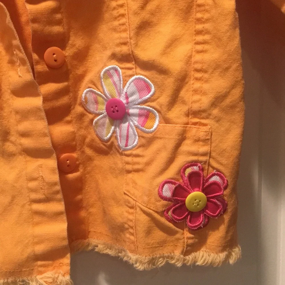 Orange embellished girls flower Jean jacket embroider raw hem no tag see below